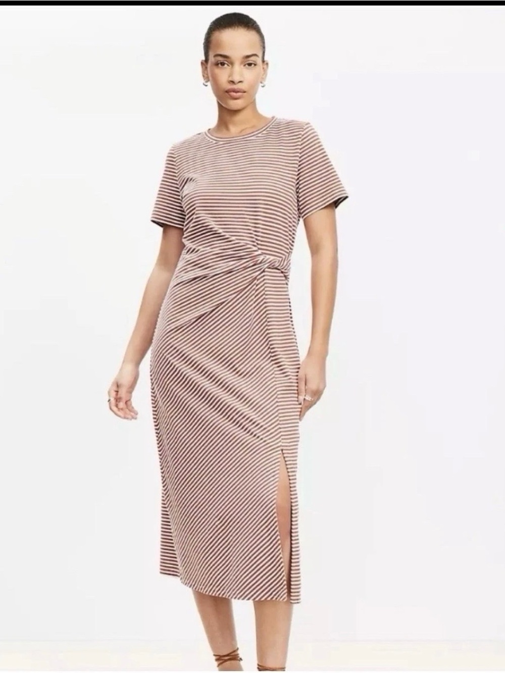 LOFT $80 Brown Striped Tee Side Twist Midi Modest Shirt Dress Sz L Knit Comfort